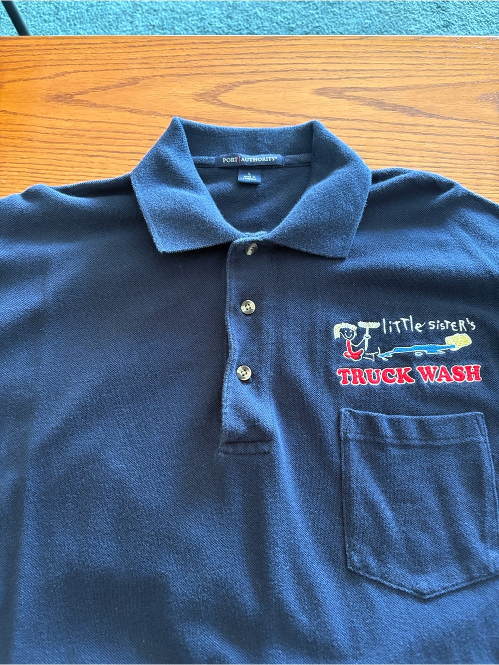 Vintage Port Authority Navy Polo with 'Little Sister's Truck Wash' Embroidery